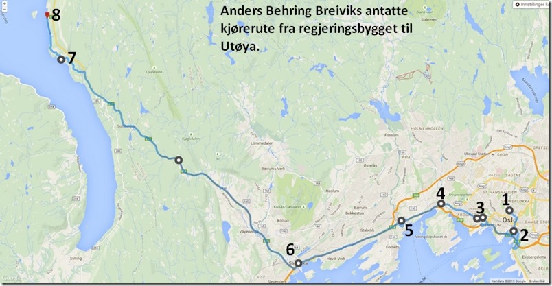 Anders Behring Breiviks antatte kjørerute fra Oslo til Utøya