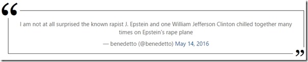 Benedettos twitter-melding om Bill Clintons pedofile reiser med Epstein