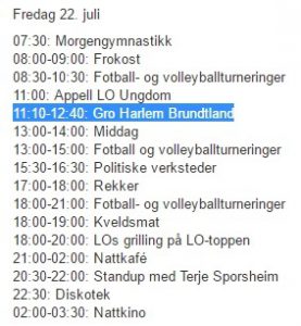 Programmet for Utøya den 22. juli 2011. Klikk for full størrelse.